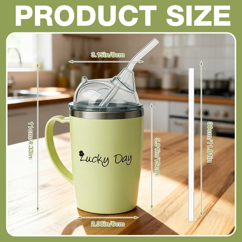 350ml Adult Sippy Cup, 3-in-1 Elderly Spill Proof Cups, Beakers for Elderly with Lid and 30cm Straw, Spill Proof Adult Sippy Cup with Handle,Stainless Steel Dysphagia Cups for Elderly Patient Green
