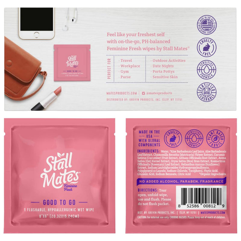 [Australia] - Stall Mates Wipes Feminine Fresh - Flushable | Individually Wrapped Cleansing Travel Friendly PH balanced Unscented with Sunflower, Rosemary and Aloe (30 on-the-go singles) 