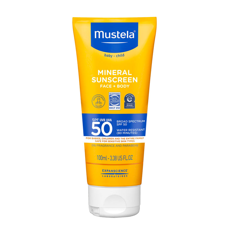 Mustela Baby Mineral Sunscreen Lotion SPF 50 Broad Spectrum - Face & Body Sun Lotion for Sensitive Skin - Water Resistant & Fragrance Free - Regular & Family Size 3.38 Fl Oz (Pack of 1)