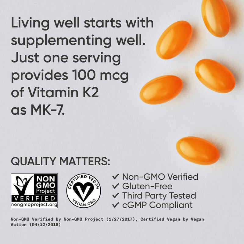 Sports Research® Vitamin K2 (MK-7) 100mcg w/Coconut MCT Oil, 120 Count | Vegan K2 from Chickpea | Supports Strong Bones | Vegan Certified, Non-GMO Verified, Gluten & Soy Free 120 Count (Pack of 1)