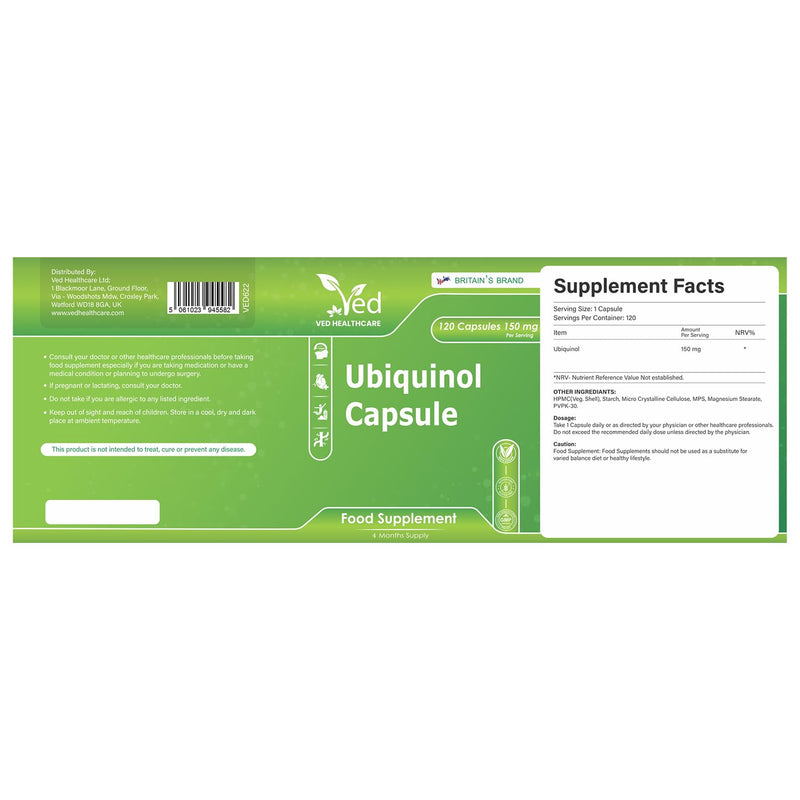 VED Ubiquinol 150 mg Vegan 120 Capsules, Active Form CoQ10 Supplement, High Absorption & Enhanced Bioavailability, Antioxidant & Cellular Energy Support, Non-GMO,