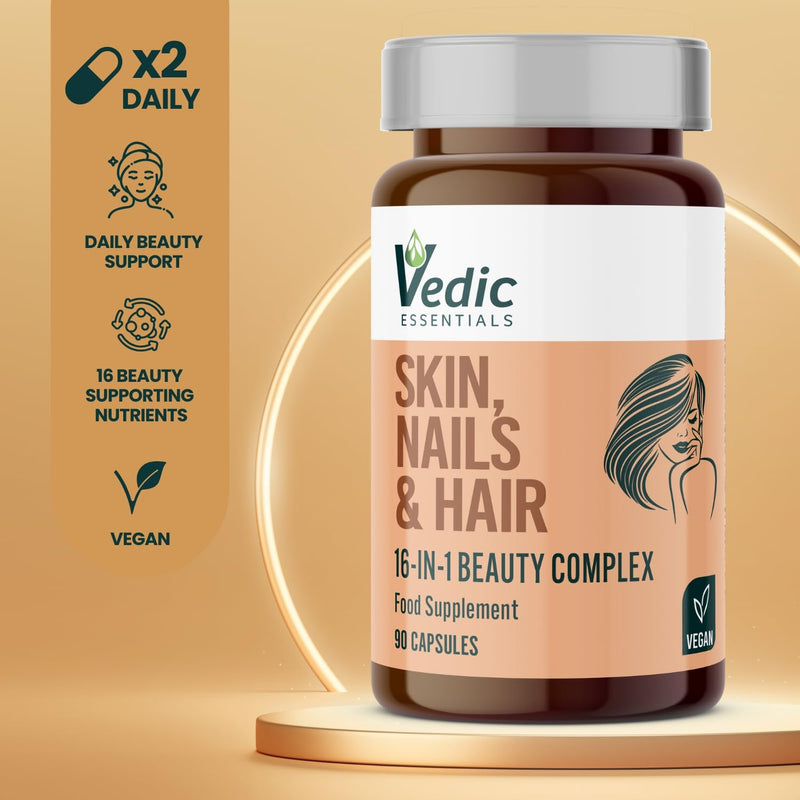 Vedic Skin Hair Nails Beauty Complex | 16-in-1 Vegan Capsules with Hyaluronic Acid, Biotin, Zinc, Selenium, Copper, Vitamins A B C D E | 90 Vegan Capsules