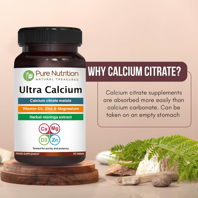 Pure Nutrition Ultra Calcium 1000mg with VIT D3 + K | 90 Tab X Pack of 2 (180 Tabs) | Highly absorbable Calcium Supplement with Calcium Citrate Malate, VIT D3, K