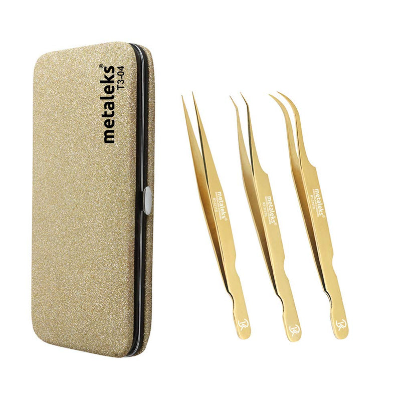 3Pcs Japanese Stainless Steel Tweezers for Eyelash Extension in Golden Titanium Coated with Golden Glitter Magnetic Kit