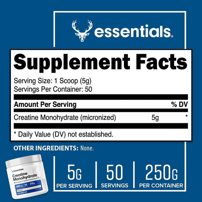 [Australia] - Bucked Up Creatine Monohydrate 250 Grams Micronized Powder, Essentials (50 Servings) 