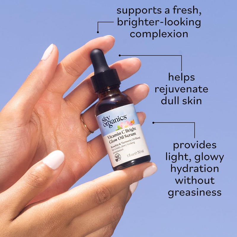 Sky Organics Bright Glow Face Serum,Vintamin C Serum, Helps Rejuvenate Dull Skin, Hydrating, Promotes Brighter-looking Complexion, with Vitamin E, Organic Jojoba Oil & Rosehip Oil, 1 fl oz Vitamin C Serum