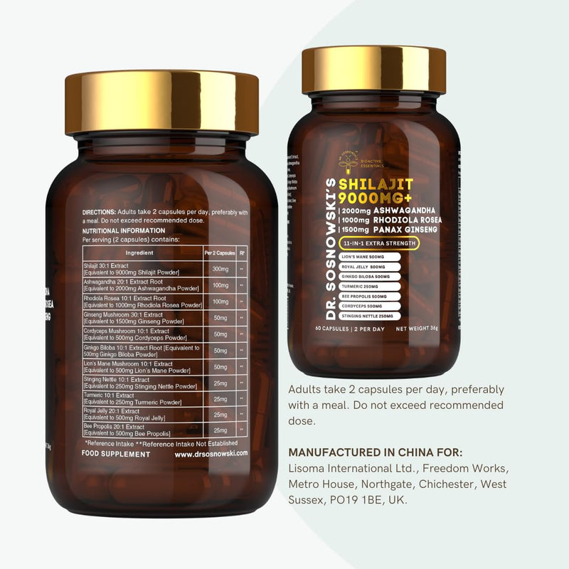 Dr. Sosnowski's BioActive Shilajit Blend with Ashwagandha, Rhodiola Rosea, Lions Mane, Panax Ginseng, Royal Jelly, Ginkgo Biloba, Turmeric, Bee Propolis, Cordyceps and Stinging Nettle| 60 Capsules Shilajit Capsules 60pcs