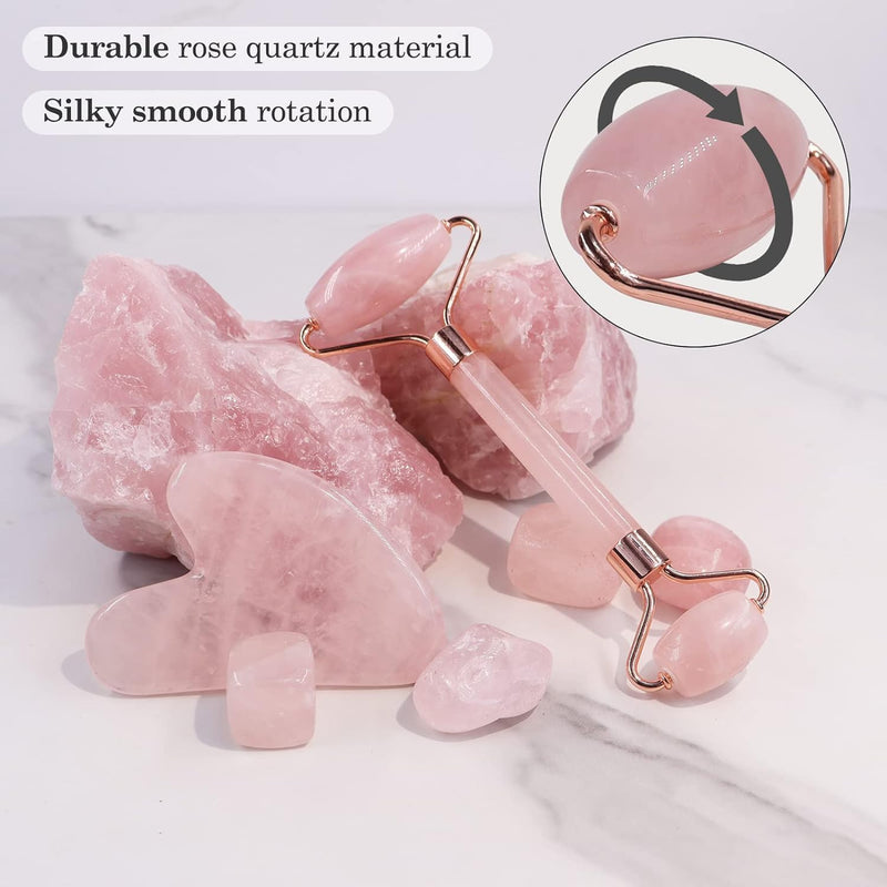 [Australia] - Jade Roller and Gua Sha Stone Massage Tool Set, Natural Rose Quartz Jade Face Roller Stone for Skin Care Anti Aging, De-Puffing, Detoxifying, Brightening, and Refreshes Skin Tool 