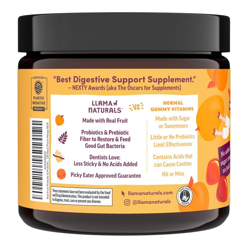 [Australia] - Llama Naturals Real Fruit Prebiotic & Probiotic Kids Gummies, No Added Sugar Cane, Vegan Organic Synbiotics, Children Digestion, Toddler Tummy Aches, Gut Health, 2B CFU, 60 ct (30 Days) Peach Mango Kids Peach Mango 60 Count (Pack of 1) 