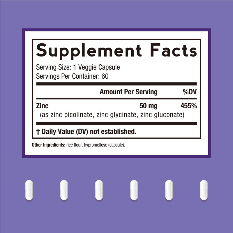 Doctor's Recipes Zinc Supplement 50mg, Triple Action Immune Support, Chelated Zinc Picolinate, Glycinate & Gluconate, Once Daily for Men & Women, Skin Health, Hormone Balance, Vegan, 60 Capsules