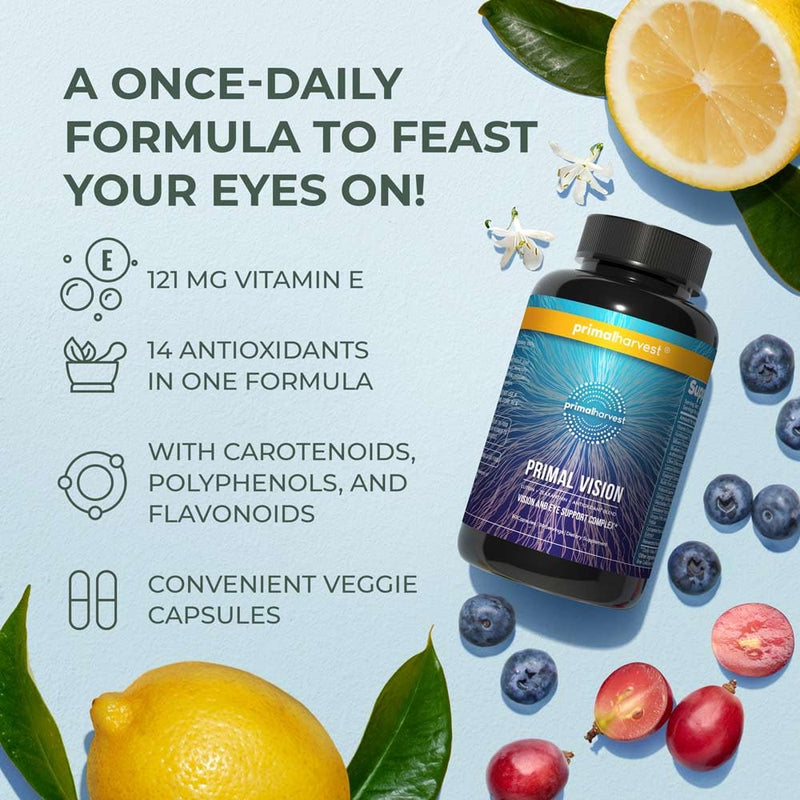 [Australia] - Primal Harvest Vision and Eye Support Complex with Lutein, Zeaxanthin Plus Vitamin E, Bilberry Extract, and Blueberry Extract for Overall Eye Health for Men and Women, 60 Capsules 