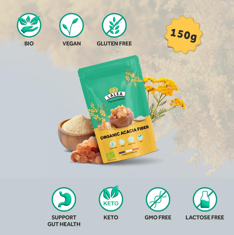 LALEA Organic Acacia Fibre Powder 150 g – Prebiotic Fibre Supplement, 90% Soluble Fibre from Acacia Gum (Gum Arabic) – Gut Health, Digestive Support – Vegan, Keto, Gluten-Free