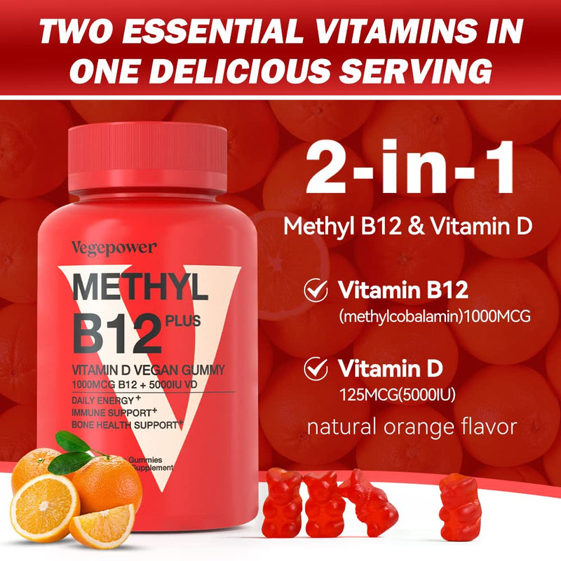Vitamin B12 D3 Vegan Gummies - Orange Flavor, 90 Count | 1000 MCG Methyl B12 & 5000 IU Vitamin D Gummy Supplements for Adults & Kids - Immune Health & Daily Energy Boost - Non-GMO 90 Count (Pack of 1)