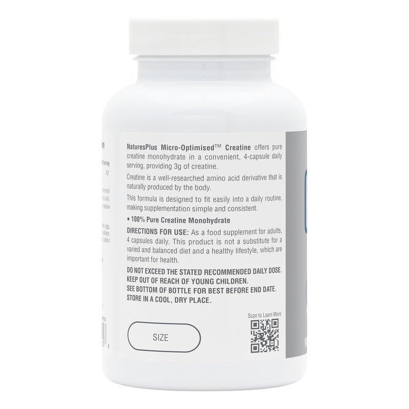 NaturesPlus Creatine Micro-Optimised Capsules - 100% Pure Creatine Monohydrate Supplement for Peak Performance, 3 g per Serving - Vegan, Gluten Free, 120 Capsules, 30 Servings