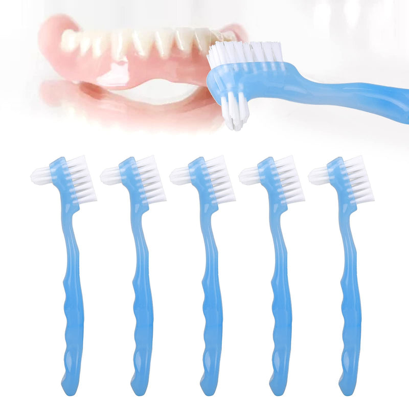 5pcs Denture Brush Set, Double Head Professional Denture Cleanning Travel Portable Double Sided False Teeth Cleaning Brush(Blue) Blue