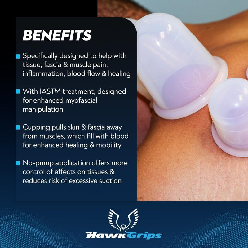 [Australia] - HawkGrips 6-Piece Cupping Kit for Massage Therapy, with 4oz HawkHydro-Water Based Massage Emollient, Deep Tissue Massage, Premium Silicone Cupping Set and Free 2-Hour CEU-Eligible Course 
