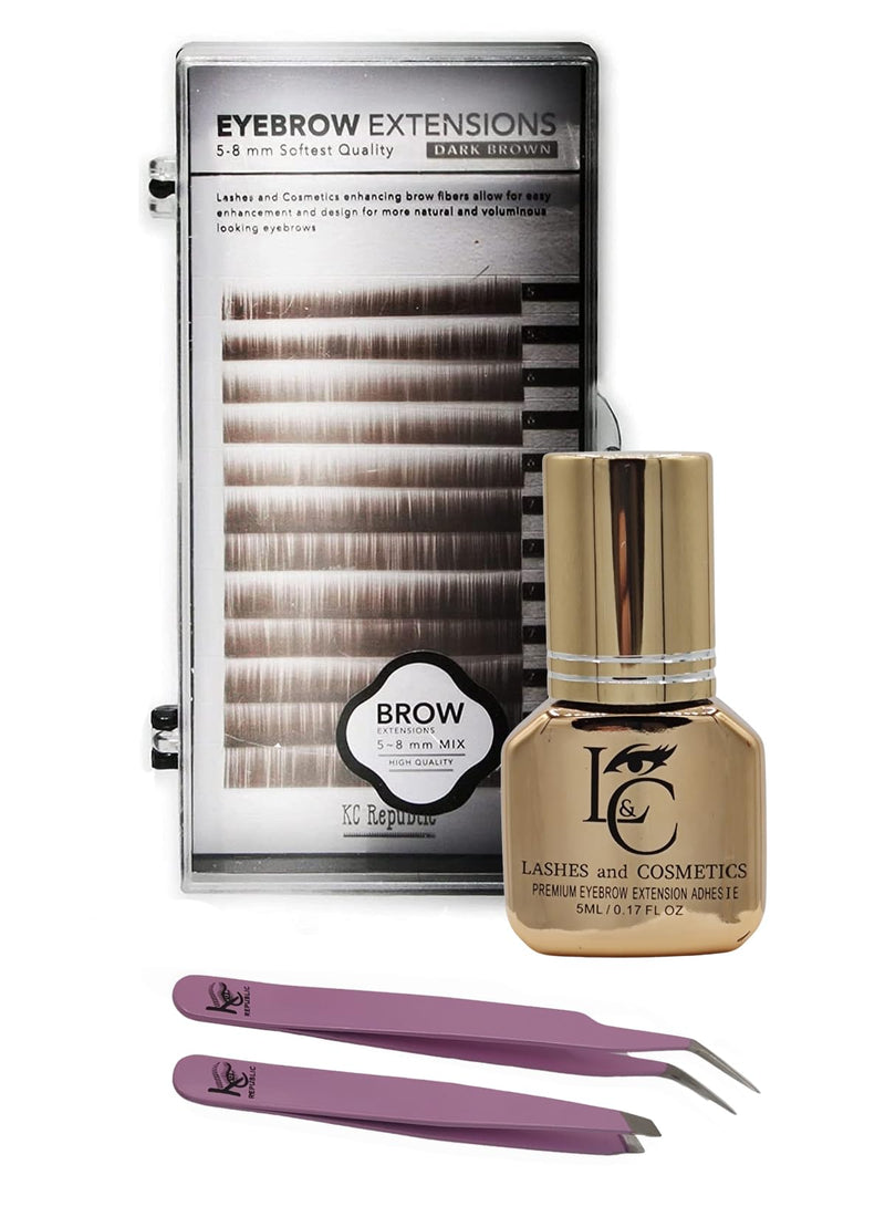 Eyebrow Extensions Premium Kit with 1 x Trays of Mink Eyebrows in Dark Brown Comes on Mixed Length Trays 5-8 Mm Mix, Eyebrow Premium Glue Clear & Dual Pack (Straight & Curved Tip) Extension Tweezers Dark Brown Tray, VioletTWZ, Premium Kit