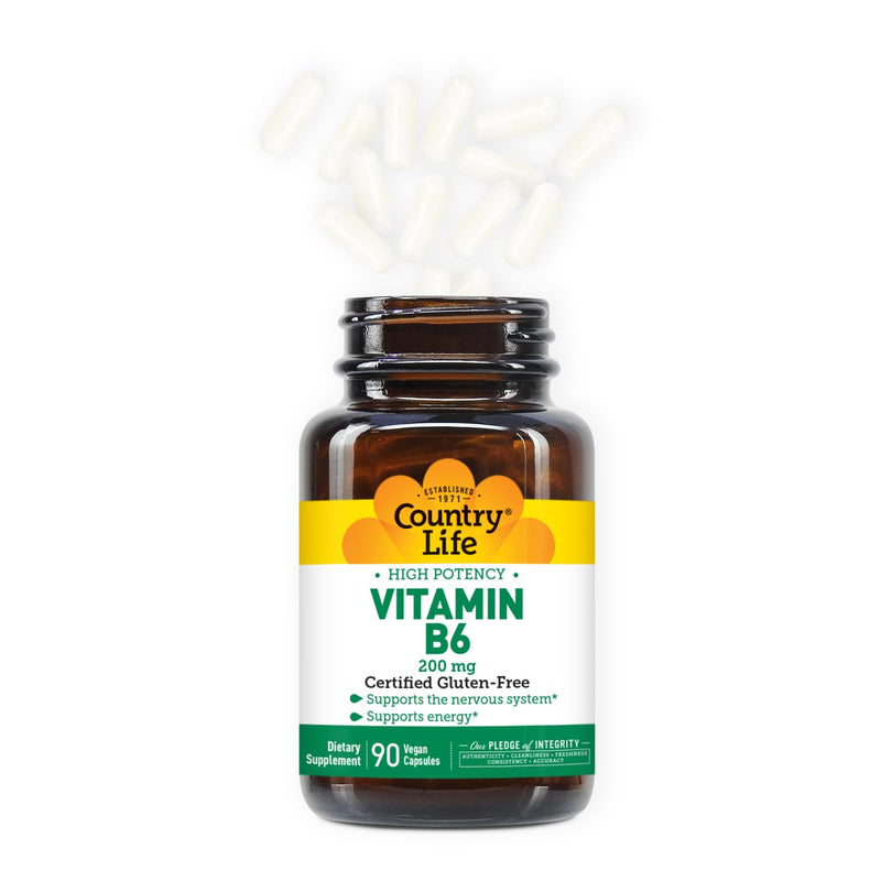 Country Life Vitamin B-6, High Potency, Supports Energy and The Nervous System, 200mg, 90 Vegan Capsules, Certified Gluten Free, Certified Vegan, Certified Halal… (Pack of 2) B-6 Unflavored 90 Count (Pack of 2)