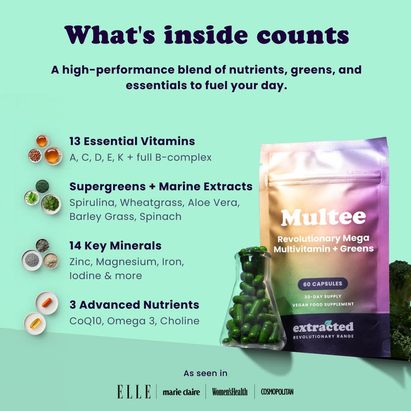 Multee High Potency Multivitamin - 30 Day Supply - 40 Essential Multi Vitamins & Minerals Supplements C, D, B12, Iodine & Supergreens Blend, Daily Nutritional Support, 60 Vegan Capsules