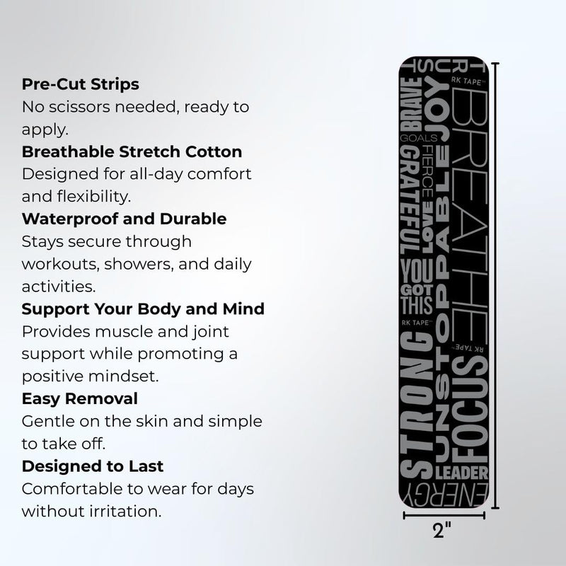 [Australia] - Get Fired Up - Precut Kinesiology Tape for Shoulders, Knees, feet, Legs, & Ankle with Motivation Words on The Tape – Black, 20 pre-Cut Strips, 1 Pack Black (1 Pack) 