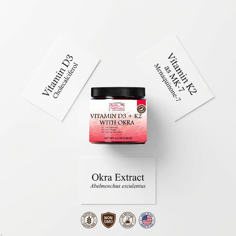 Reddy Naturals Vitamin D3 K2 MK7 Powder with Okra 120g | Vitamin D3 4000 IU + K2 MK-7 100 mcg | Powder Drink Mix | Fast-Dissolving | 30 Servings | Gluten-Free Non-GMO | No Capsules