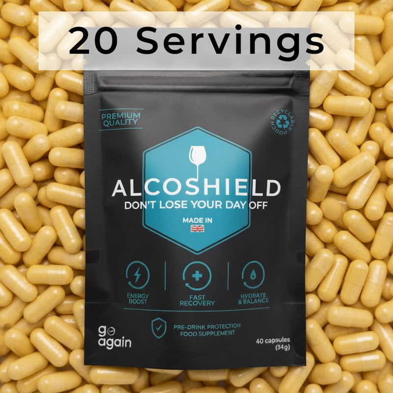 Alcoshield Pre Drink Antioxidant and Vitamin Support Capsules with Turmeric Vitamin C B Complex and Electrolytes for Social Evenings 40 Capsules Made in UK