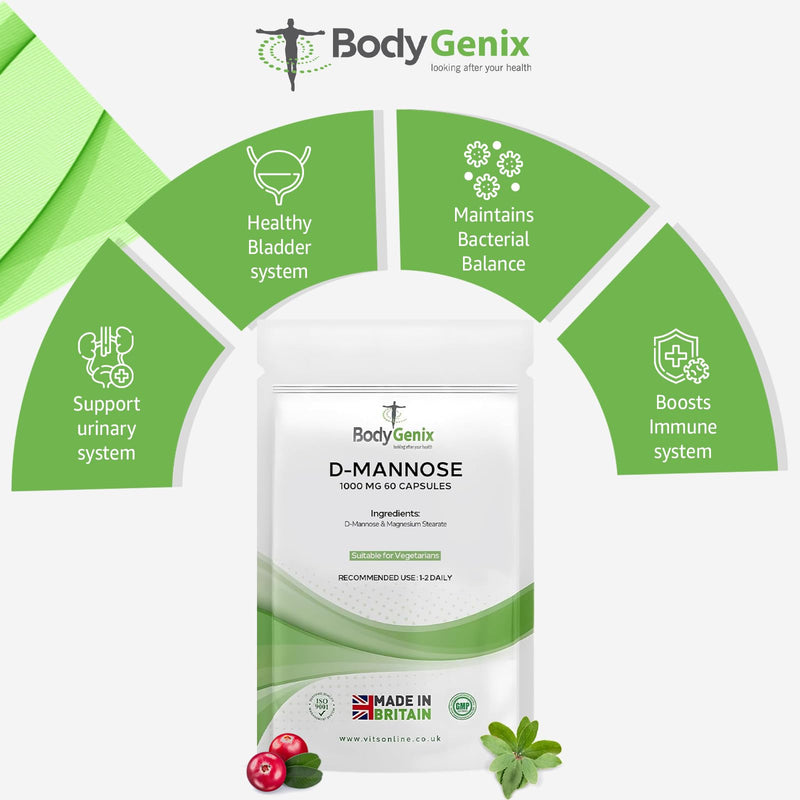 Bodygenix D-Mannose 1000mg Capsules High Strength UTI Treatment Immune System Support Vegan Food Supplement - 60 Capsules 2 Month Supply 60 count (Pack of 1)