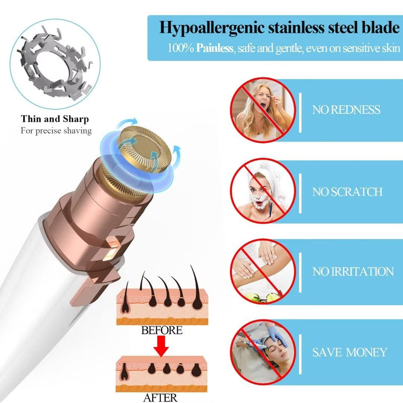 [Australia] - Eyebrow Razor,Facial Hair Removal for Women, (USB Rechargeable), 2 in 1 Eyebrow Trimmer and 100% Painless Hair Remover with Light for Nose, Lips, Face, Body White 
