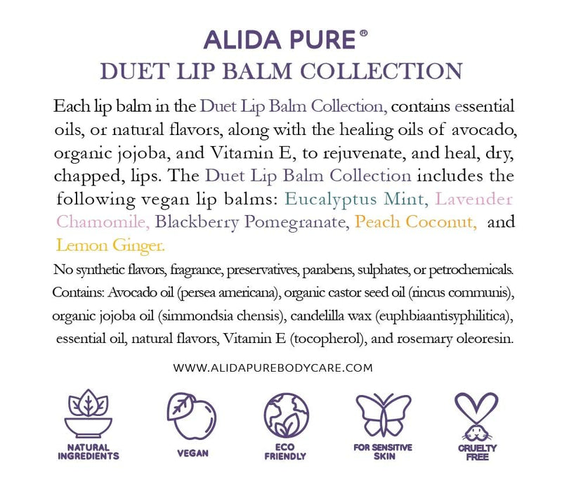 ALIDA PURE Duet Lip Balm Collection, Vegan Set, Beeswax Free, with Organic Jojoba, and Avocado Oil, Vitamin E, Natural Moisturizer for Dry, Chapped Lips, 5 Tube Set Duet Assorted