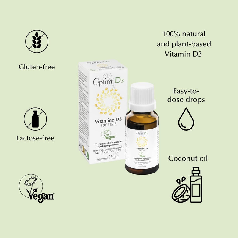 OPTIM D3 Plant-Based Vitamin D3 Supplement | Vitashine Vegan Vitamin D3 500 IU per Drop in Coconut Oil | for Children and Adults | High Strength | 380 Drops