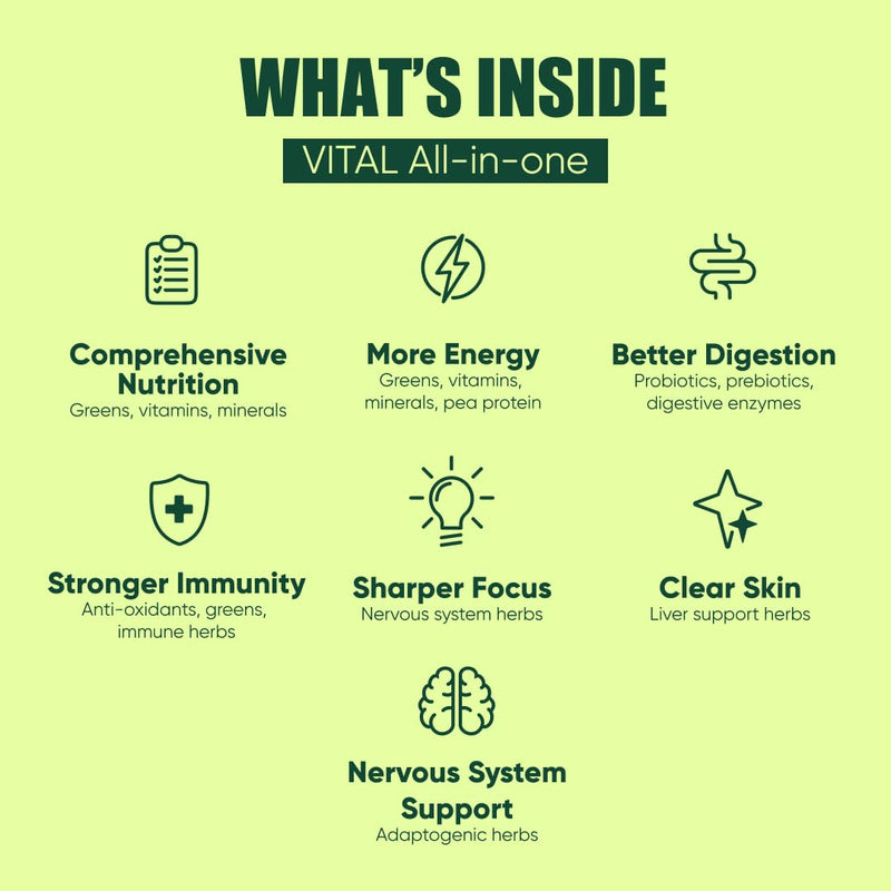 Vital All in One Daily Health Supplement 120GM | Vital Greens, Vegan, 70 Vital Ingredients - Vitamins, Minerals, Greens, Cultures, Digestive Enzymes, Vegetables