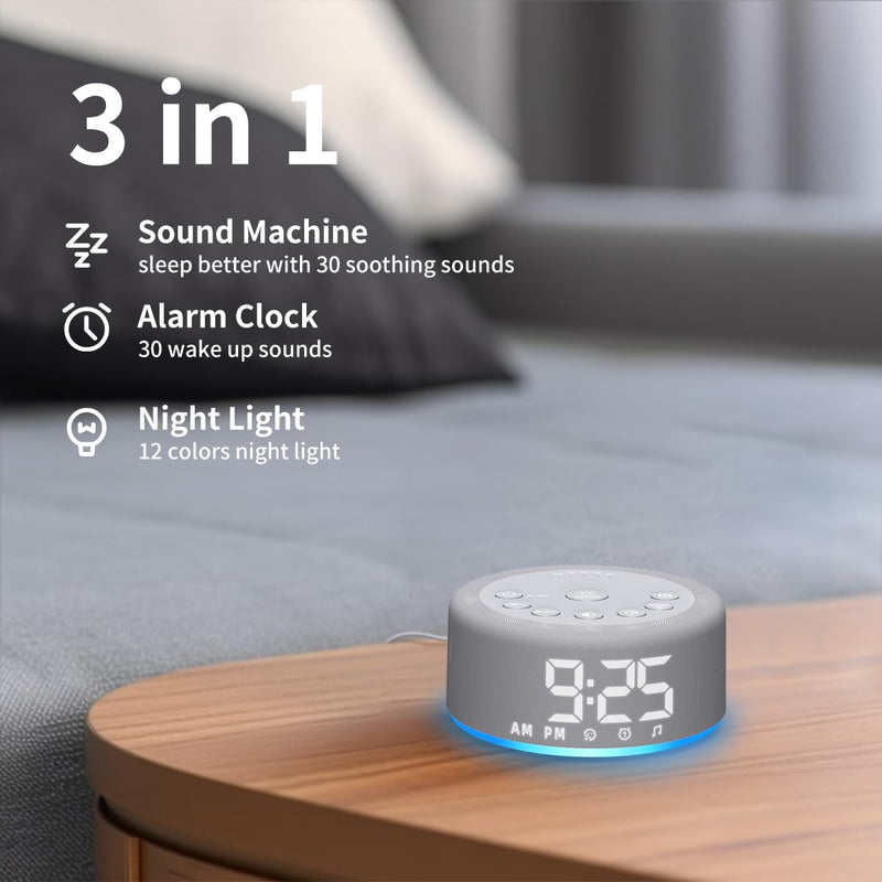 [Australia] - 【3 in 1】Sound Machine Alarm Clock Night Light White Noise Machine with 27 Sleeping Sounds for baby Kids Adults 32 Level Volume Auto Off Timer Memory Function Digital Clock with 30 Wake Up Sounds Gray 