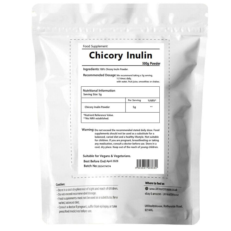 UKHealthHouse Inulin Prebiotic Fibre Powder – 100% Pure Chicory Root Powder Fructo Oligosaccharide (FOS) Supplement | Natural Prebiotic for Gut Health, Digestion & Bloating Support – 500g