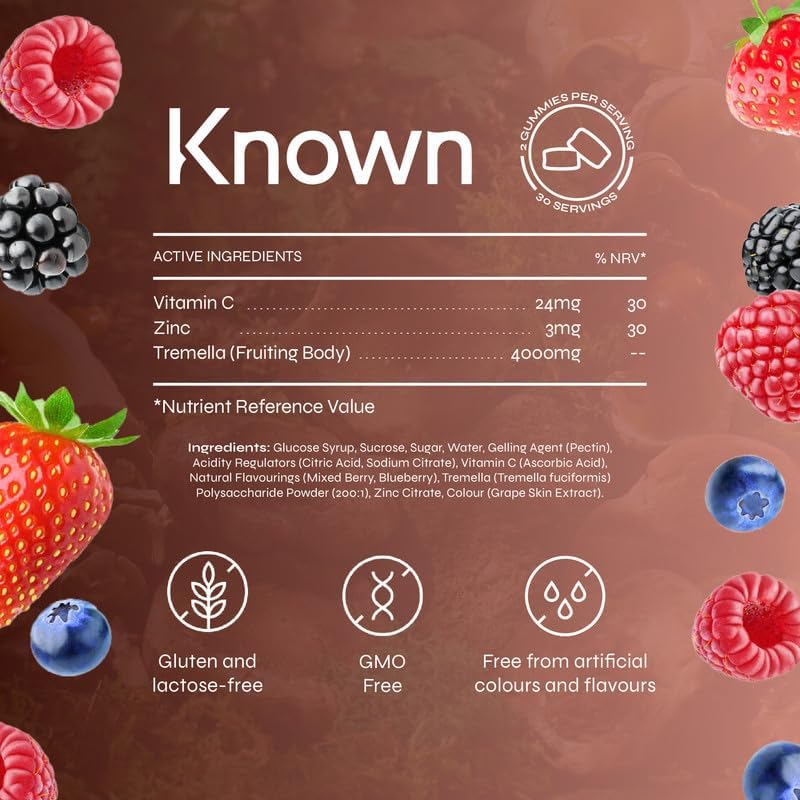 Known High-Strength Tremella Gummies - 4000mg Tremella Mushroom, Vitamin C & Zinc - Skin & Immune Support - Natural Mixed Berry Flavour - 60 Gummies 1 Month Supply Bottle