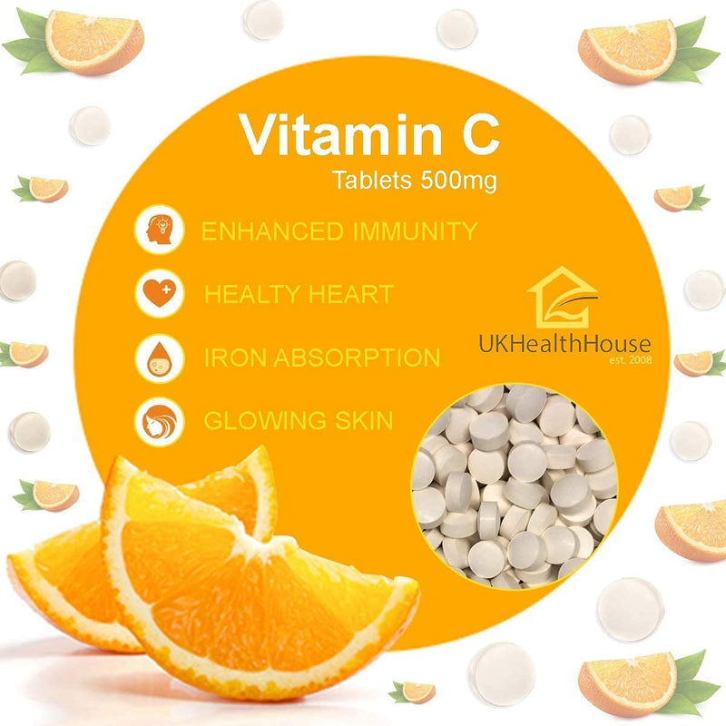 UKHealthHouse Vitamin C 500mg Chewable Vegan 360 Tablets Immune Support Orange Flavour High Strength Antioxidant Reduction of Tiredness & Fatigue