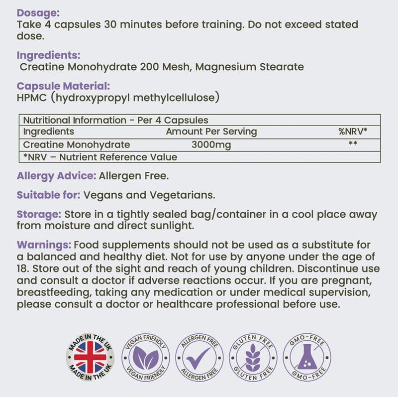 Pure Creatine Monohydrate Powder Capsules 3000mg - 120-200 Micronised Mesh - 1 Month Supply 4 per Serving Vegan Friendly