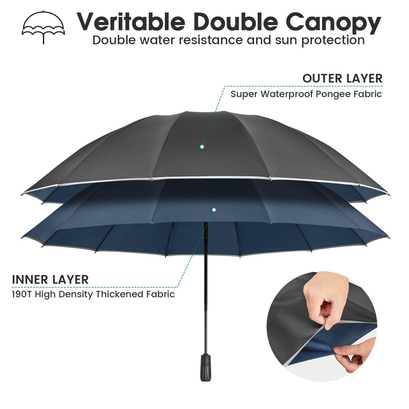 G4Free 54 Inch Large Double Layer Inverted Umbrella, 12 Ribs Compact Windproof Automatic Folding Reverse Umbrella with Reflective Strip
