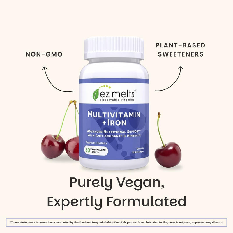 EZ Melts Multivitamin + Iron - Daily Multivitamin for Women & Men - Supports Healthy Energy Levels & Antioxidant Protection - Non-GMO & Vegan - Tropical Cherry - 60 Dissolvable Tablets (30 Servings) 60 Count (Pack of 1)