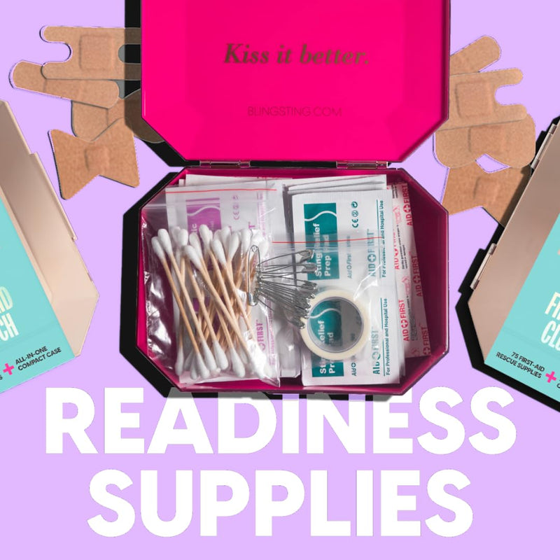[Australia] - BLINGSTING First Aid Kit - 75 Essential First-aid Supplies, Bandages, Wipes, Gold Travel Case - Multipurpose Mini Emergency Kit for Women - Pink Interior - Compact & Versatile - TSA Approved (1 Count) 