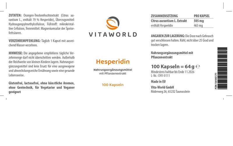Vita World Hesperidin 100 Capsules Vegan 100% Natural Hesperidin Made in Germany with Analysis Certificate