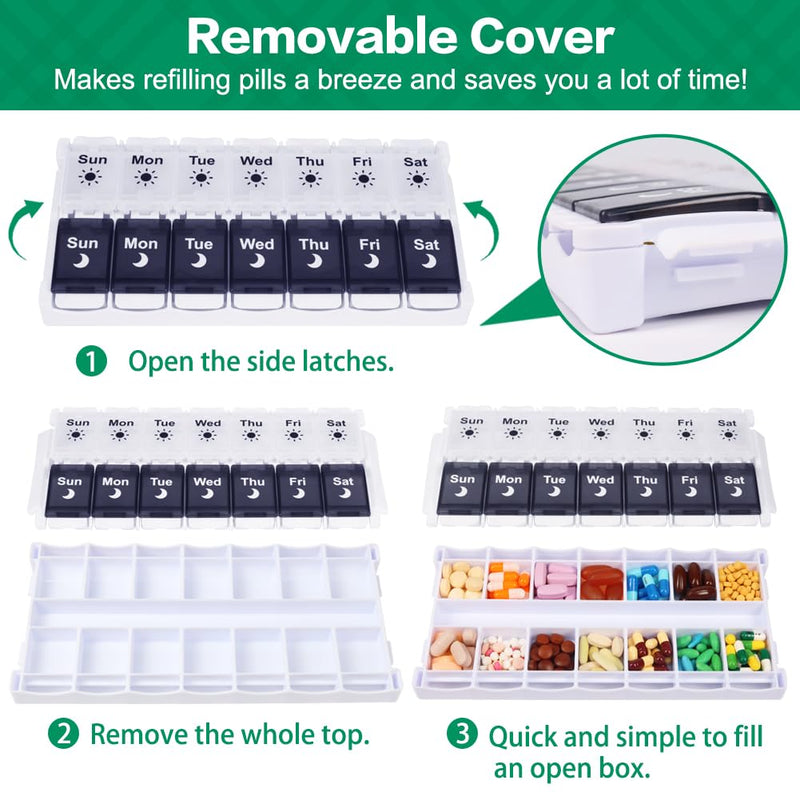 Shintop Weekly Pill Organizer 2 Times a Day, 7 Day Am Pm Pill Box | Arthritis-Friendly Push Buttons, Removable Lid, 14 Large Compartments for Vitamins and Fish Oil, BPA-Free PP, Silicone Hinges Black&white