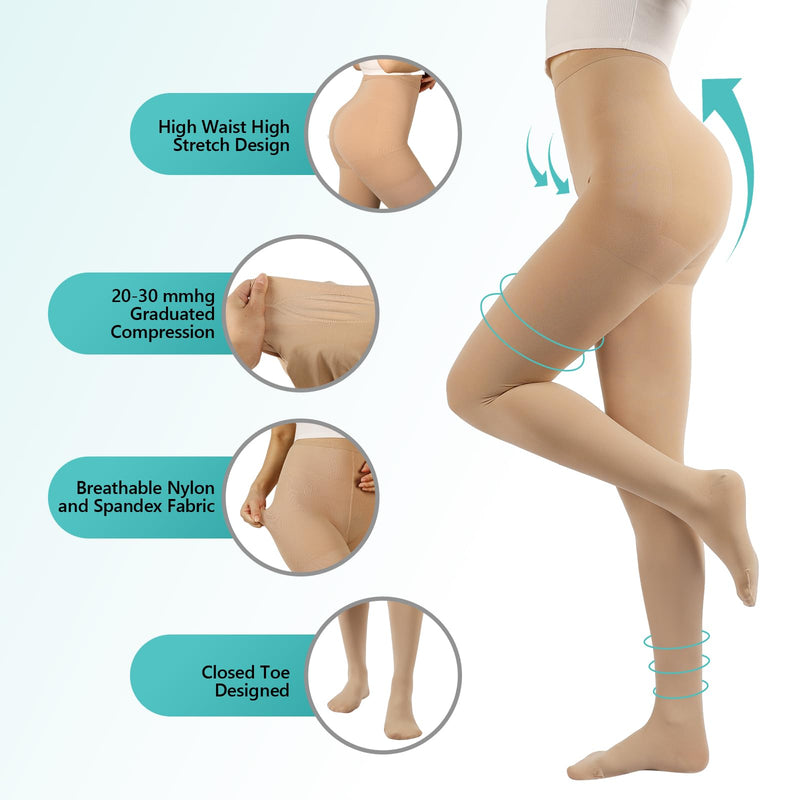 [Australia] - Compression Pantyhose Stockings for Women Men, 20-30 mmHg Medical Graduated Support Opaque Closed Toe Hose Tights for Swelling, Edema Varicose Veins Waist High Compression Stockings Beige Large 