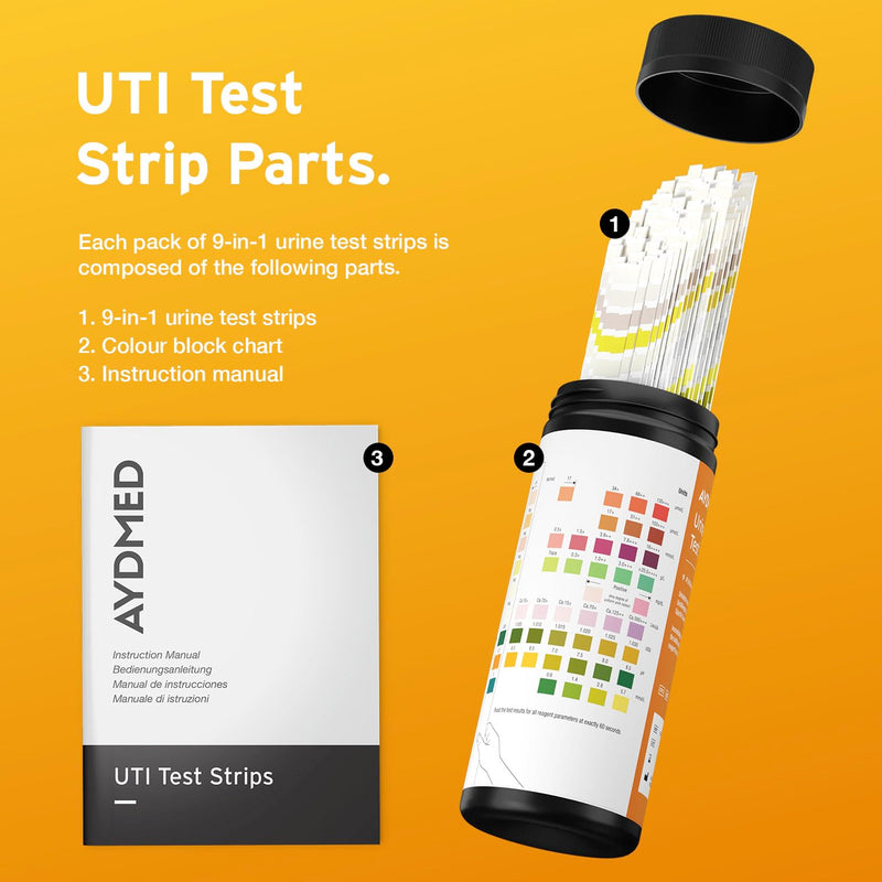 [Australia] - 100 x AYDMED 9-in-1 UTI Test Strips | 9 Parameter Urine Test Strips for Leukocytes, Nitrite, Specific Gravity, pH, Protein, Urobilinogen, Bilirubin, Ketone & Ascorbic Acid | FSA & HSA Eligible 