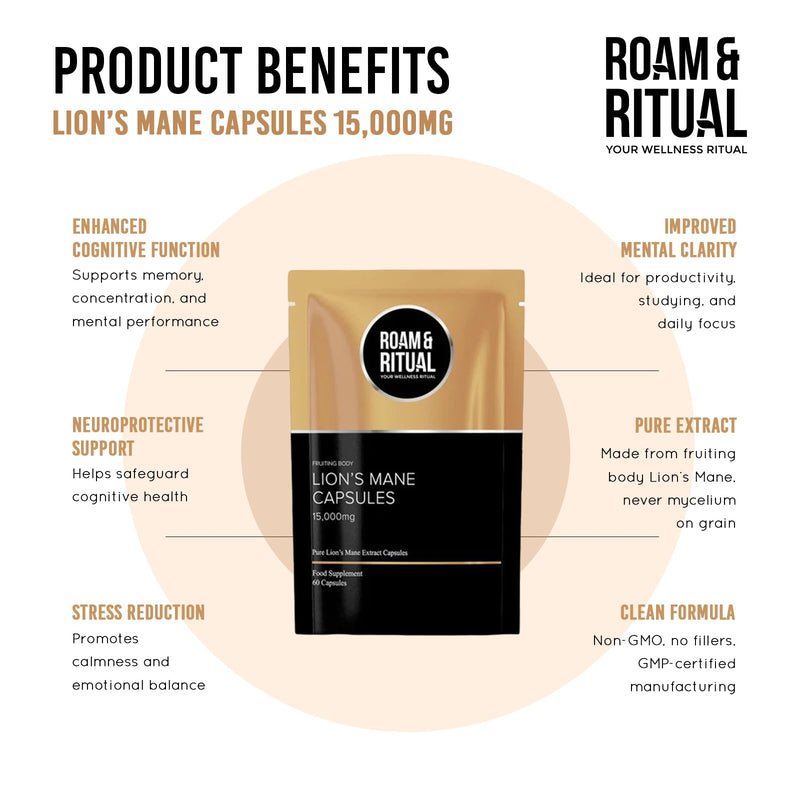 Lions Mane Supplement 15,000mg | High-Strength Fruiting Body Extract | Lion's Mane Mushroom 15:1 Extract for Focus & Mental Performance - 60 Capsules Made in the UK by Roam & Ritual™