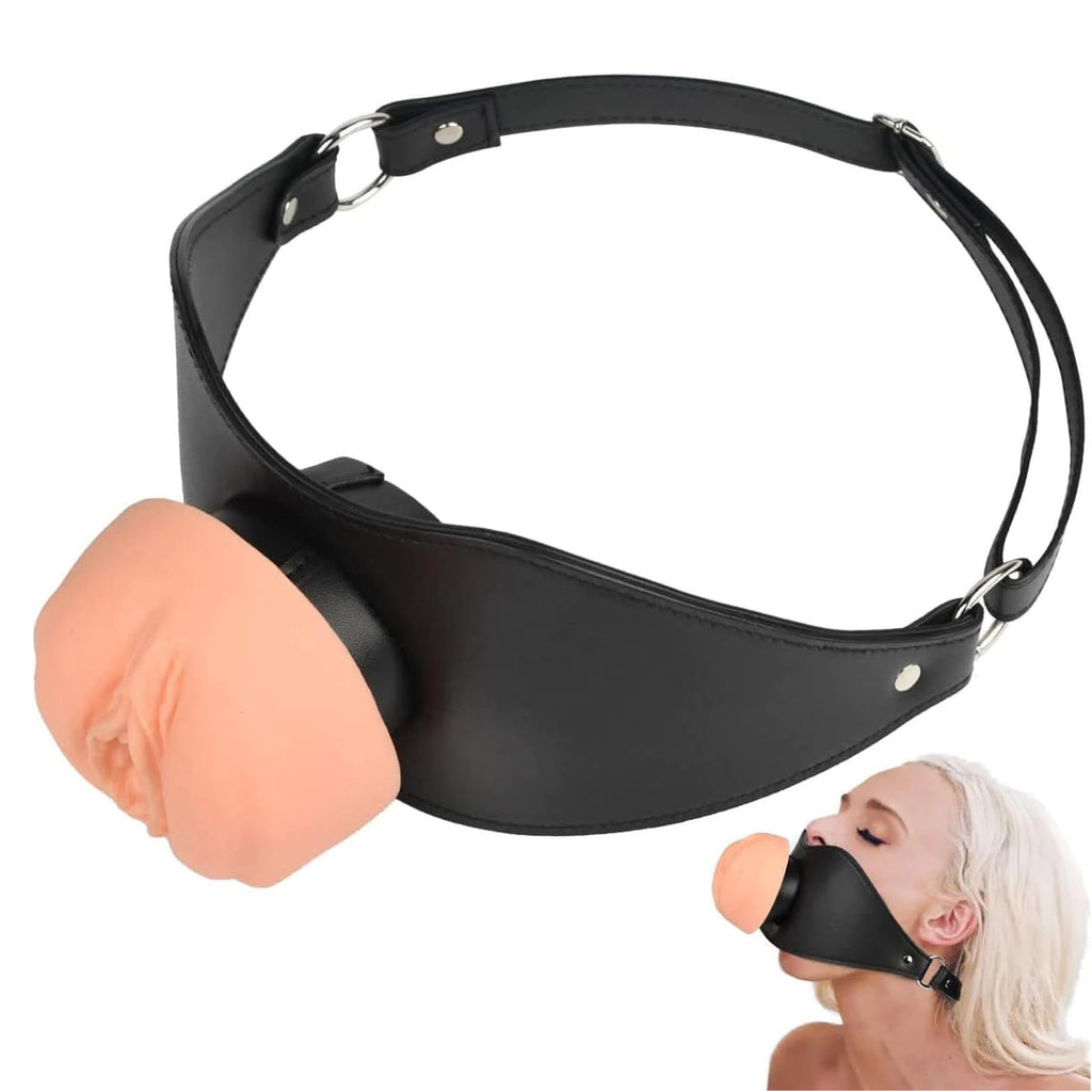 MFMYEE Pussy Oral Sex Mouth Gag, PU Leather Locked Mouth Gags & Muzzles Bondage, Open Mouth Gag Oral Sex Deep-Throat Ejaculation, BDSM Fetish Slave Mouth Gag Restrict Adult Games Erotic Sex Toys