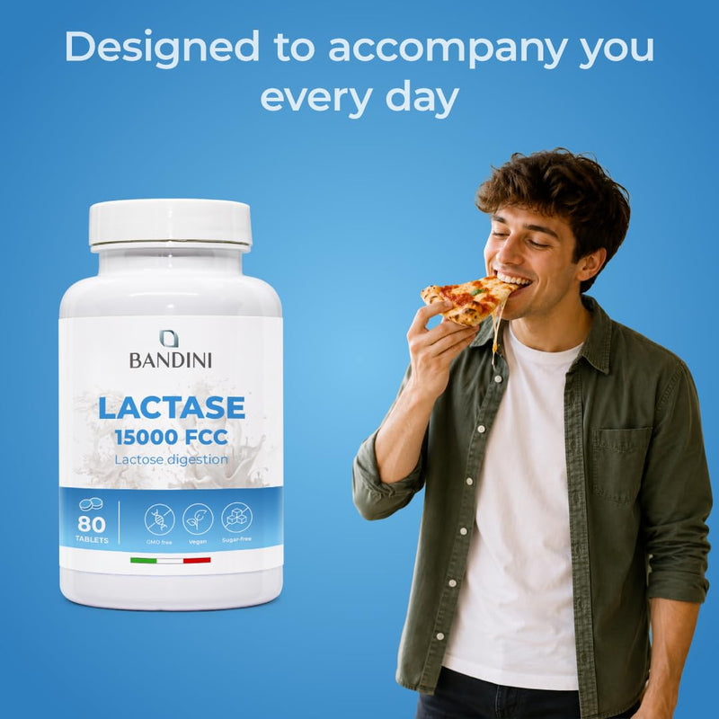 Bandini® Lactase Extra-Strength Dose 15,000 FCC - Helps with Lactose Intolerance - 80 Tablets - Supports the Lactose Digestion - Slow Release Digestive Enzymes Supplement - 100% Vegan - Chemical Free