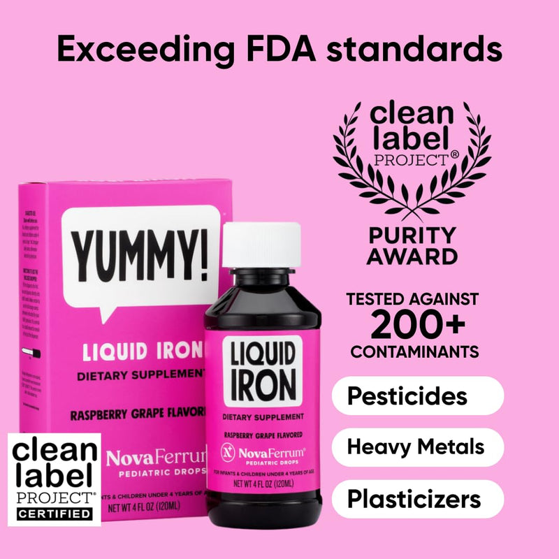 NovaFerrum Yummy | Pediatric Drops Liquid Iron Supplement for Infants and Toddlers | Liquid Iron for Kids | 15mg of Iron Per 1mL Dose | Ages 4 & Under | Gluten Free Certified | Sugar-Free | Raspberry 4 Fl Oz (Pack of 1)