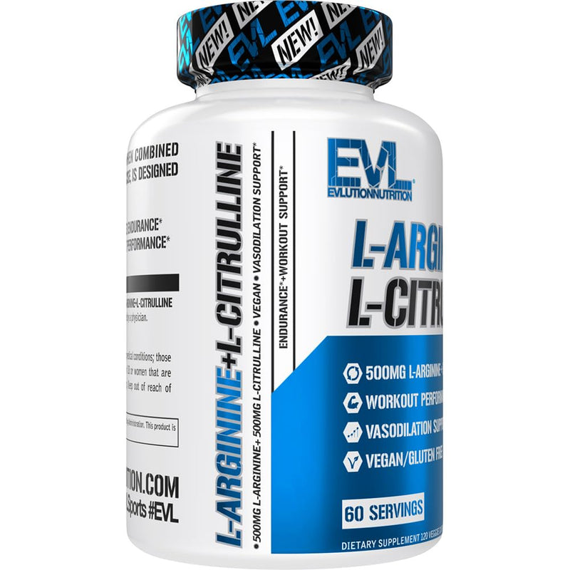 [Australia] - Evlution Nutrition L-Arginine + L-Citrulline - Endurance + Workout Performance Supplement - 500mg Complex - Vasodilation + Nitric Oxide Support - Vegan + Gluten Free Capsules - 60 Servings 
