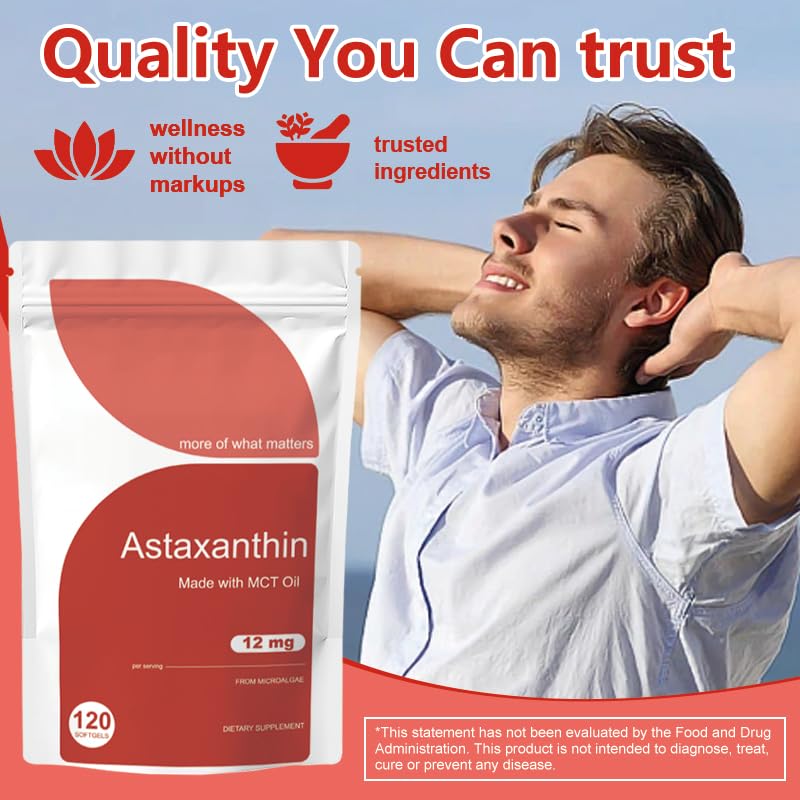 Astaxanthin 12mg Softgels with MCT Oil, 120 Softgels, Natural Astaxanthin from Microalgae, Non-GMO Formula, Daily Food Supplement for Adults, 120 Day Supply