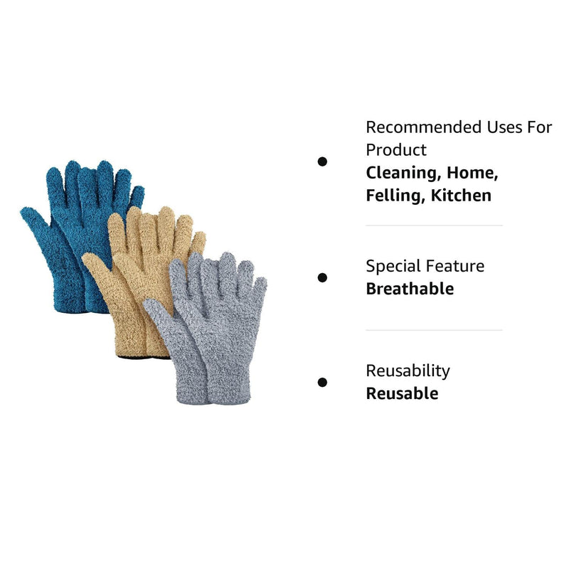 [Australia] - Patelai 3 Pairs Microfiber Dusting Gloves Washable Reusable Cleaning Mittens Gloves for Women One Size (Pack of 6) Dark Blue, Gray, Khaki 
